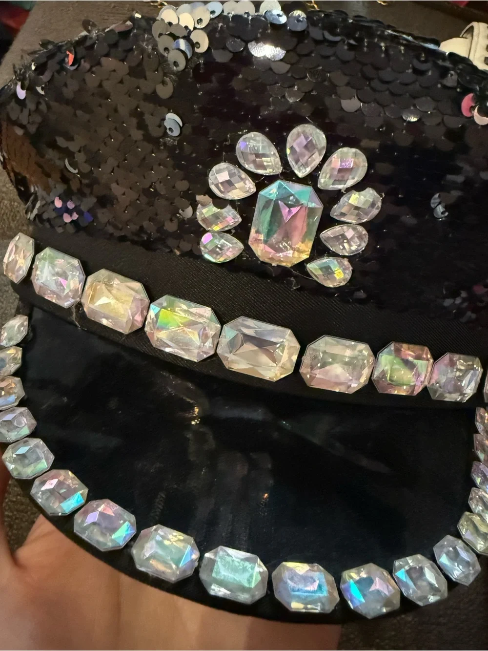 Black Sequin Embellished Women's Hat with Iridescent Gems
